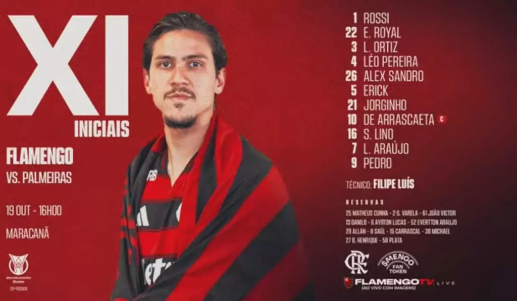 SAIU! Com Pedro titular, Flamengo divulga escalação para jogo contra Palmeiras, pelo Brasileirão