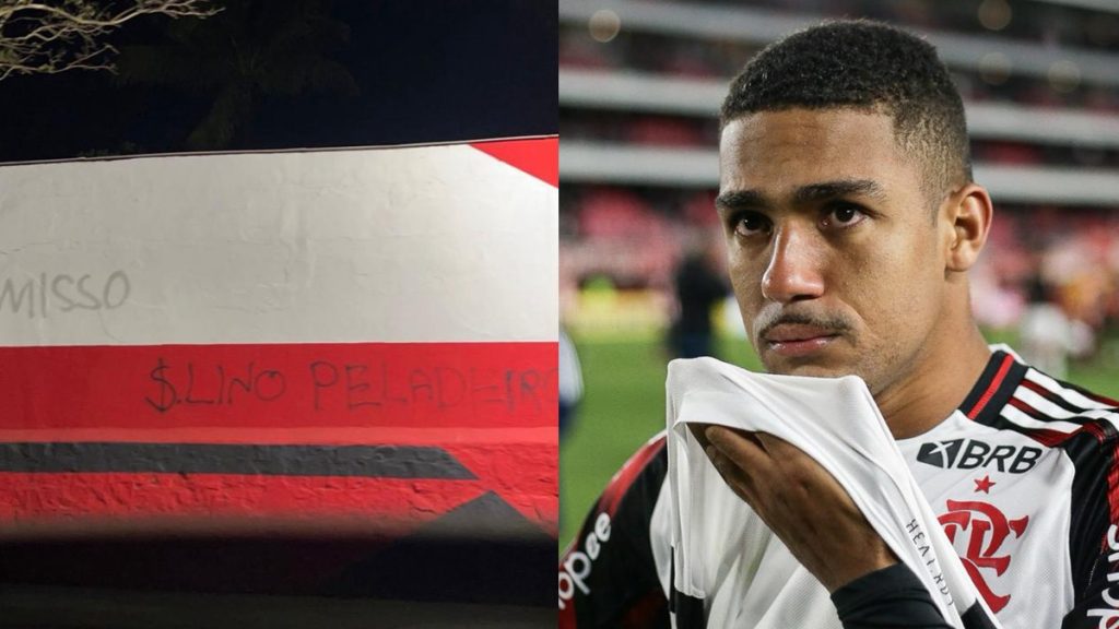 Em tom de cobrança, muros da Gávea são pichados após derrota do Flamengo para o Bahia; Bap e Samuel Lino são alvos