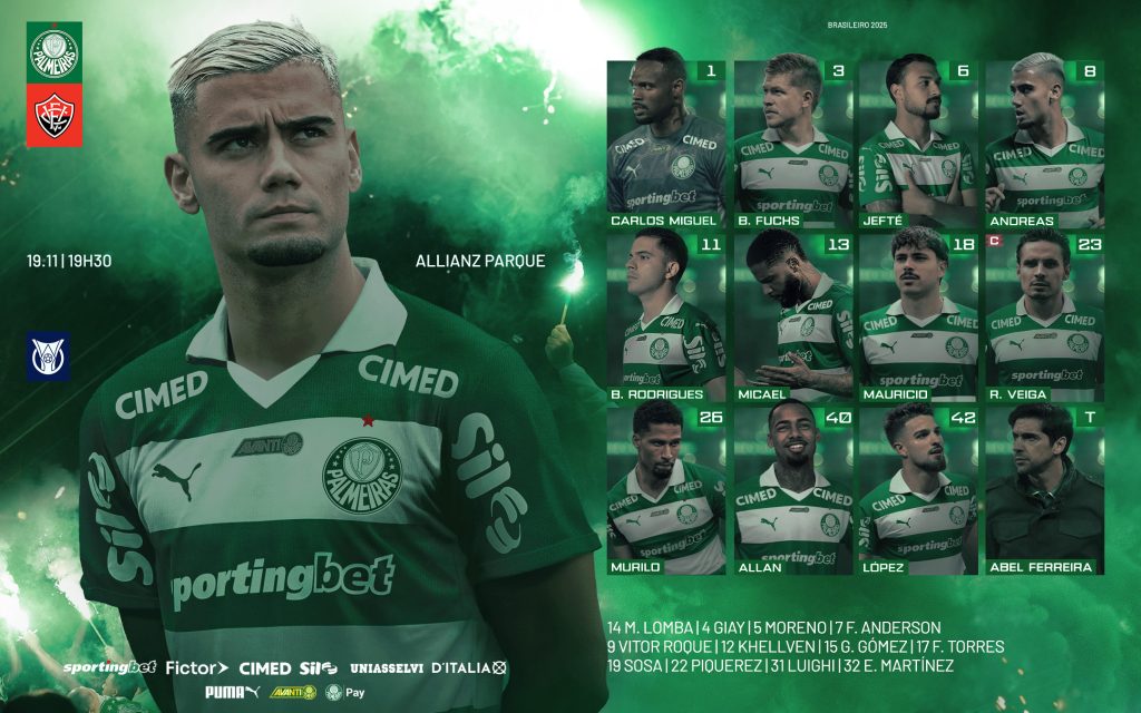 Sem Vitor Roque, Palmeiras divulga escalação para jogo contra o Vitória; Flamengo acompanha partida