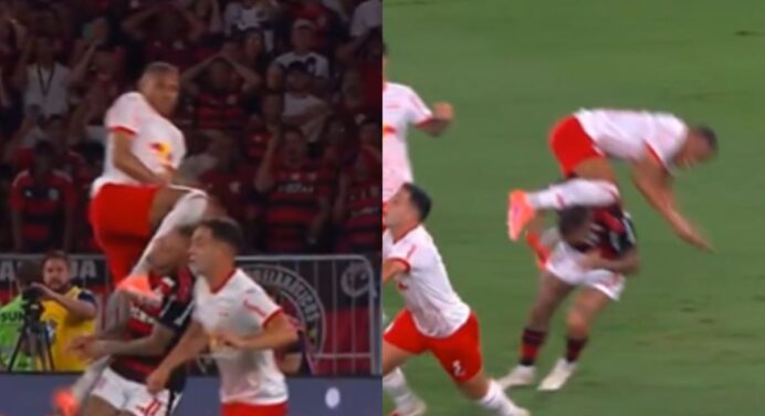 Virou UFC? Jogador do Bragantino acerta joelhada em Cebolinha, e árbitro ‘ignora’ pênalti para o Flamengo