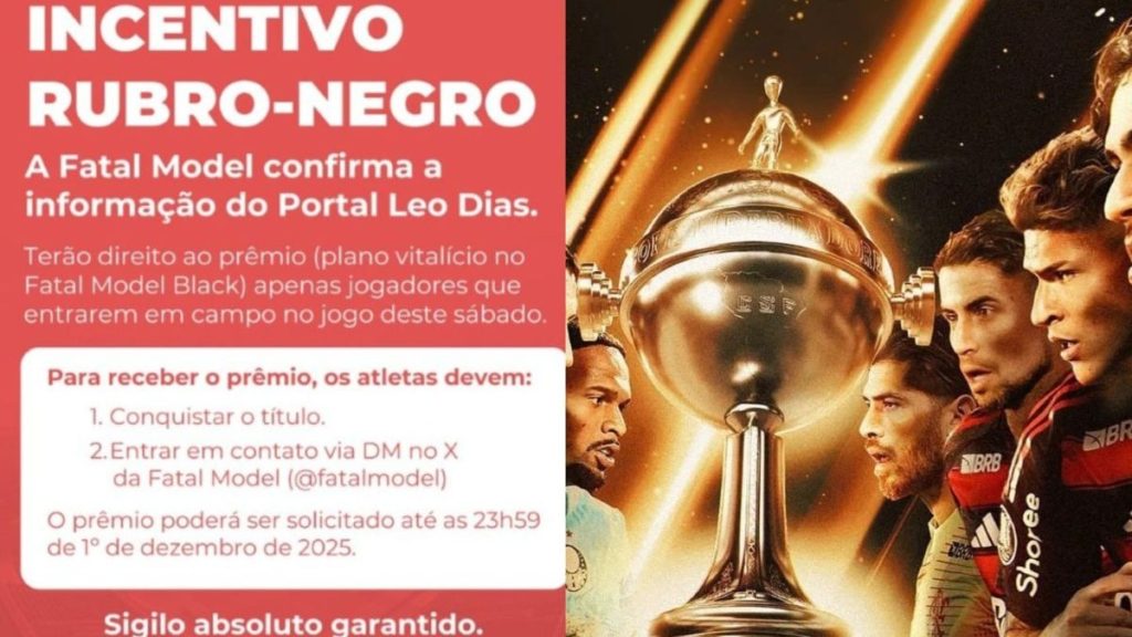 Site de acompanhantes Fatal Model promete plano vitalício a jogadores do Flamengo em caso de título da Libertadores