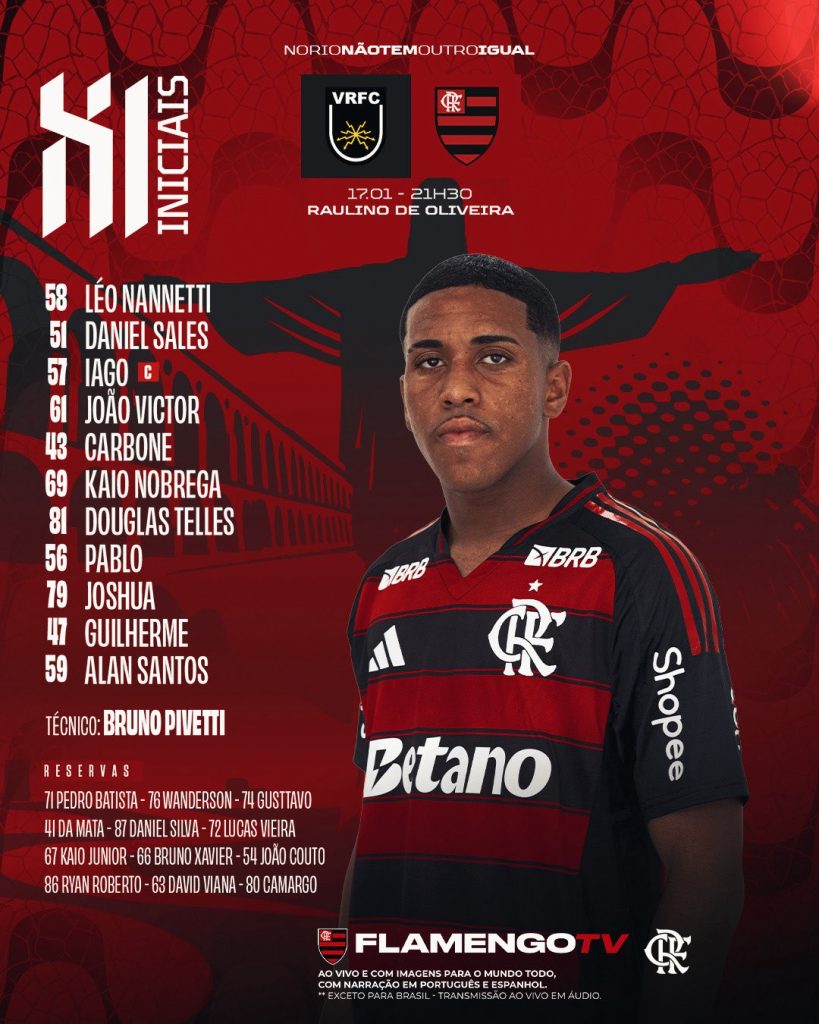 SAIU! Flamengo divulga escalação para jogo contra o Volta Redonda, pelo Carioca
