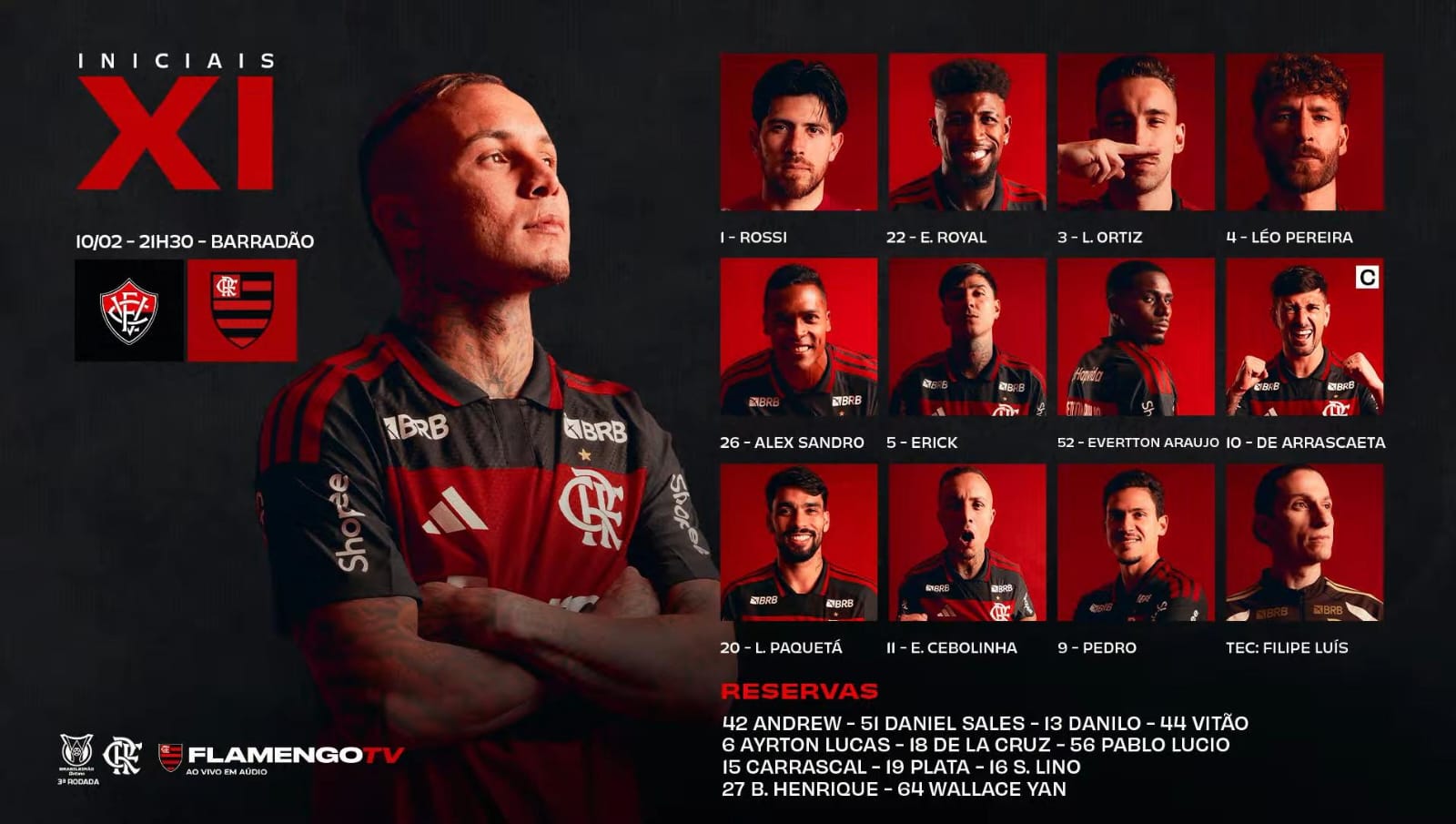 Flamengo divulga escalação para jogo contra o Vitória