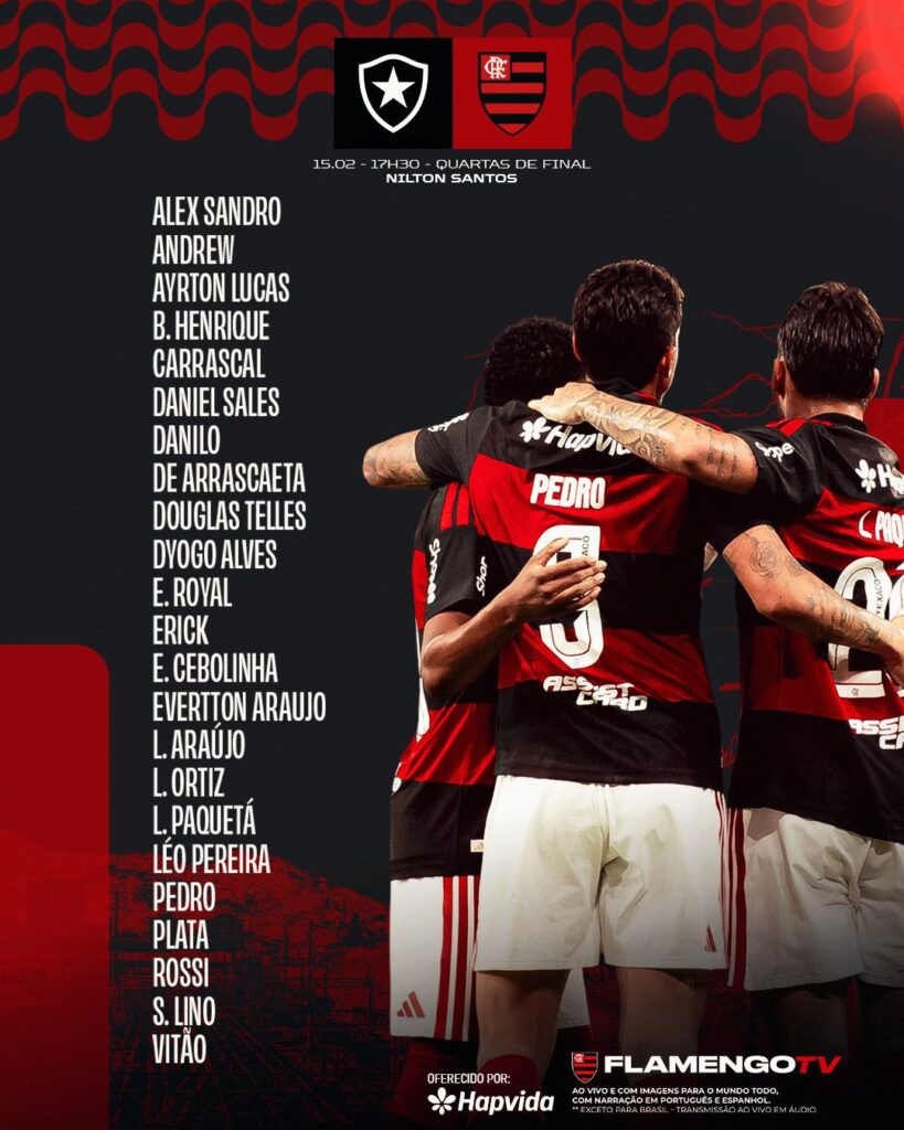 Flamengo divulga lista de relacionados para jogo contra o Botafogo, pelo Carioca