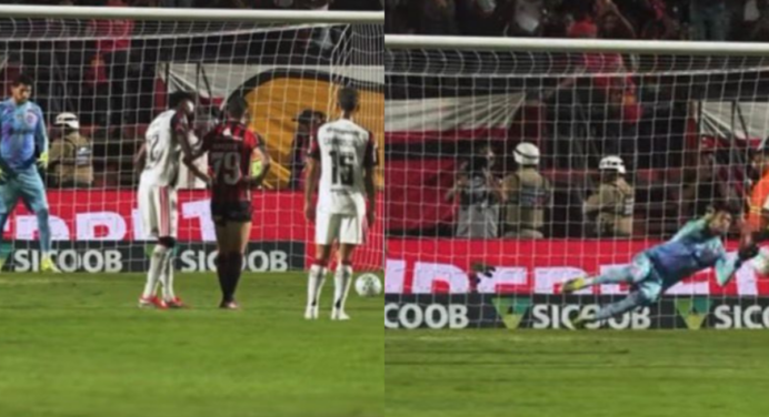Emerson Royal ‘ajuda’ Rossi no pênalti em jogo do Flamengo x Vitória, pelo Brasileirão