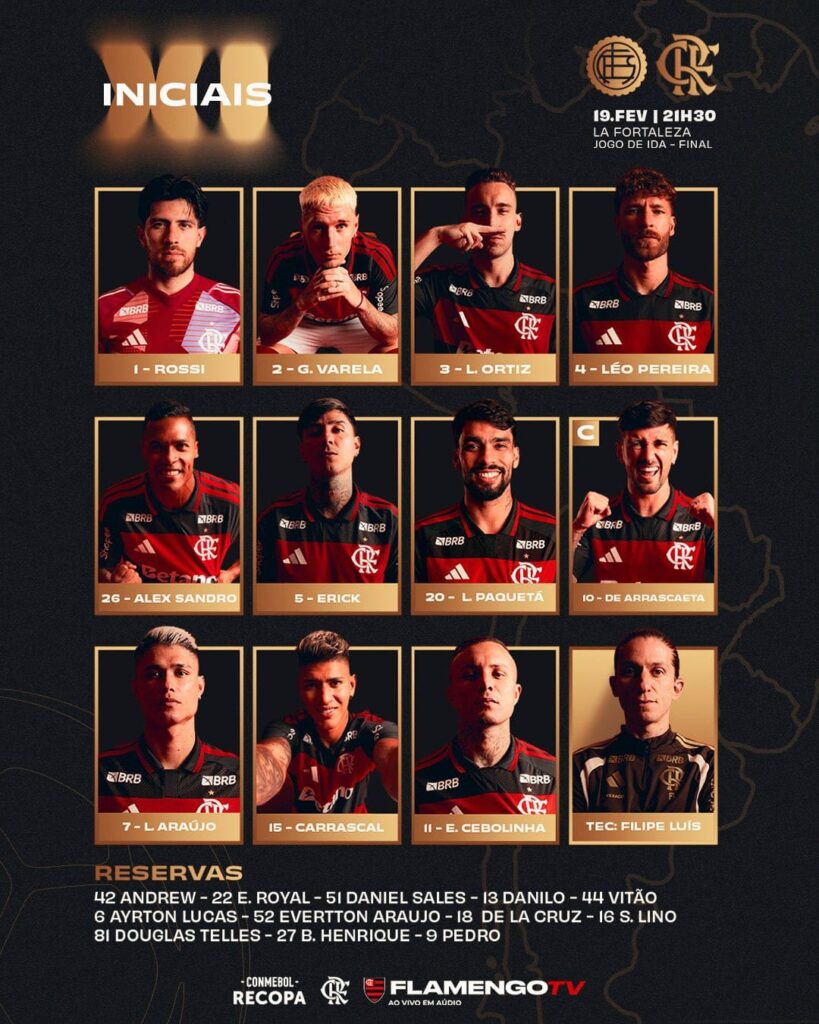 SAIU! Com Paquetá e Arrascaeta, Filipe Luís define escalação para jogo do Flamengo x Lanús, pela Recopa