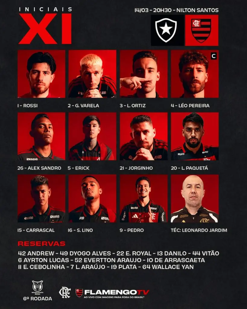 SAIU! Sem Arrascaeta, Flamengo divulga escalação para jogo contra o Botafogo, pelo Brasileirão