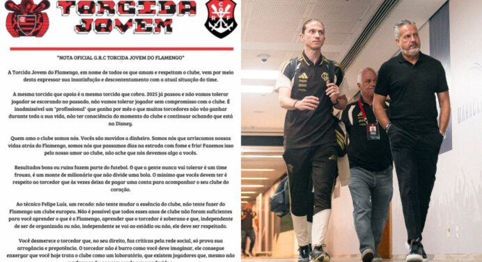 Organizada do Flamengo manda recado ao elenco, cobra Filipe Luís e pede saída de José Boto: “Arrume as malas”