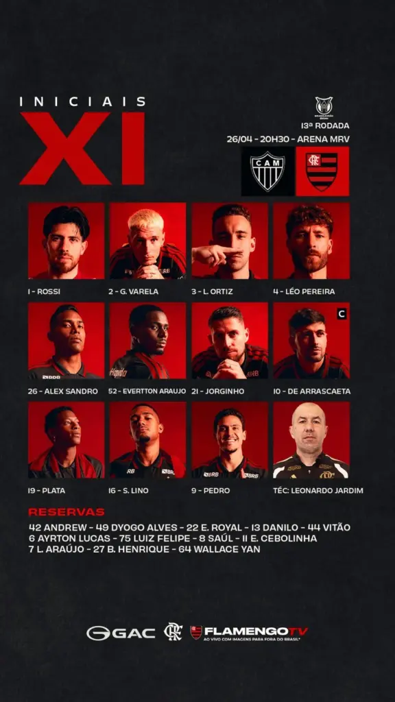 SAIU! Com Jorginho, Flamengo divulga escalação para jogo contra o Atlético-MG, pelo Brasileirão