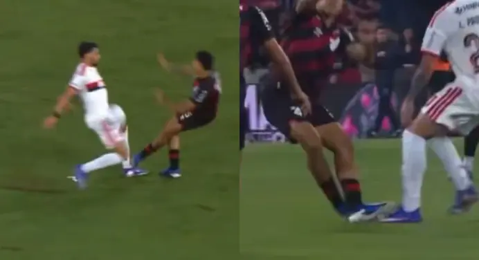 Jogador do Athletico-PR dá entrada criminosa em Paquetá e não é expulso em jogo do Flamengo; veja vídeo