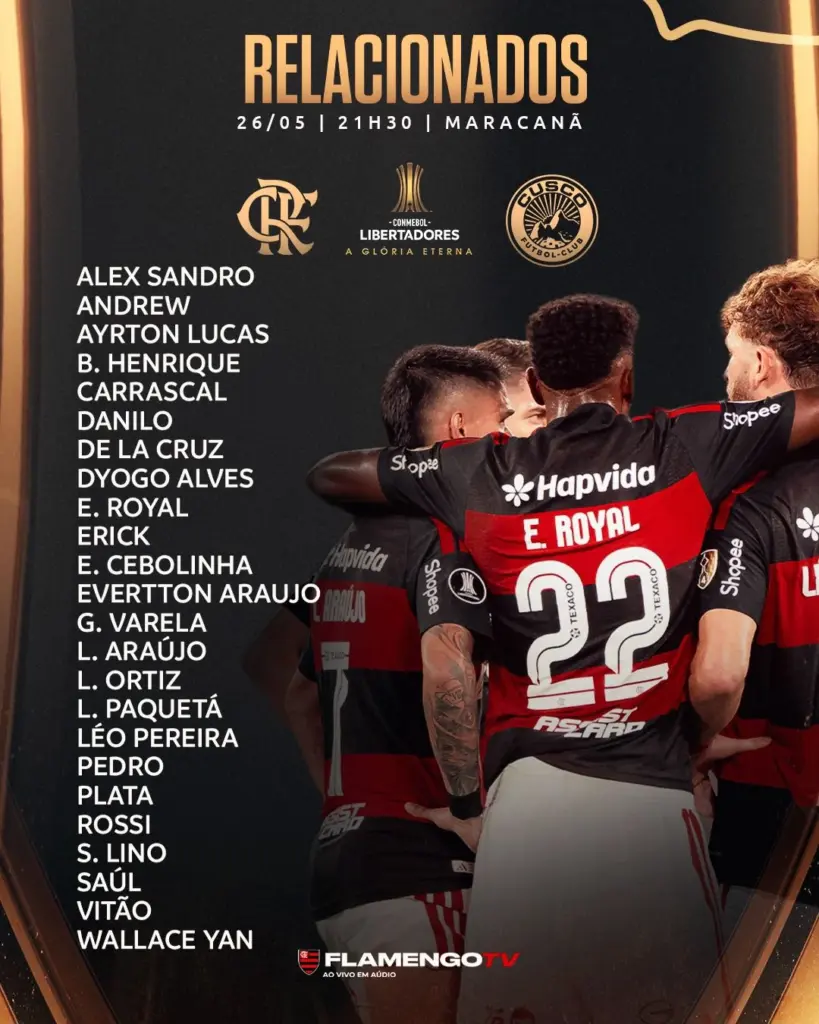 Com Cebolinha, Flamengo divulga lista de relacionados para jogo contra o Cusco, pela Libertadores