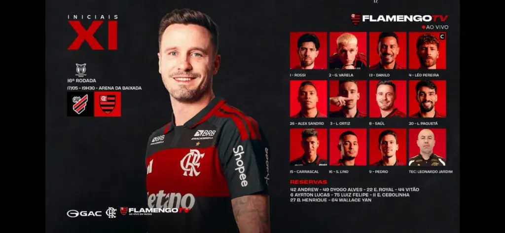 SAIU! Com Paquetá, Flamengo divulga escalação para jogo contra o Athletico-PR, pelo Brasileirão