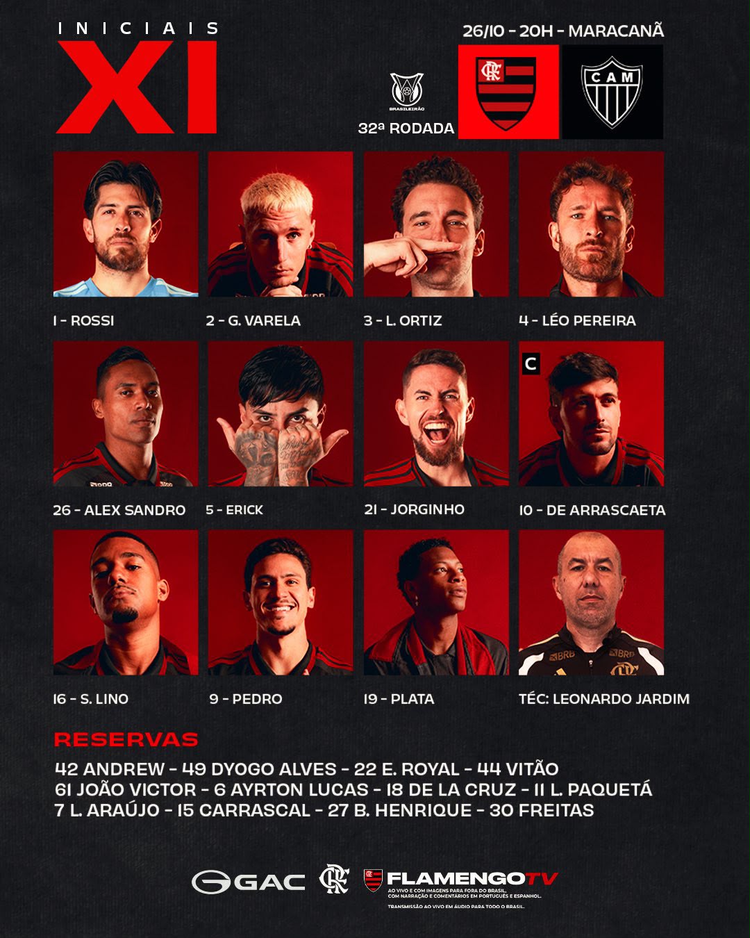 Flamengo e Atlético-MG estão escalados para jogo pelo Brasileirão; veja os times titulares